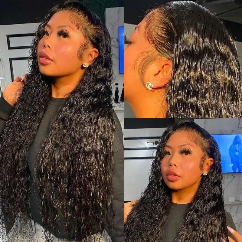 13x6 Transparent Lace Frontal Water Wave Wigs Natural Black - Doaburu Hair