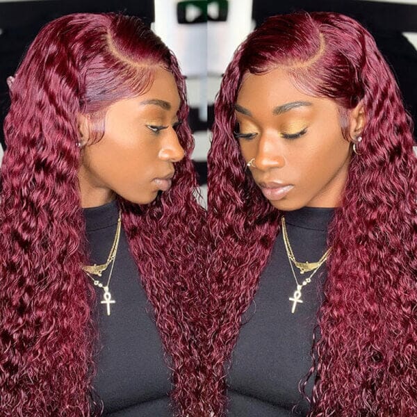 Dark Burgundy Pure Color Curly Wave Lace Frontal Lace Wig - Doaburu Hair