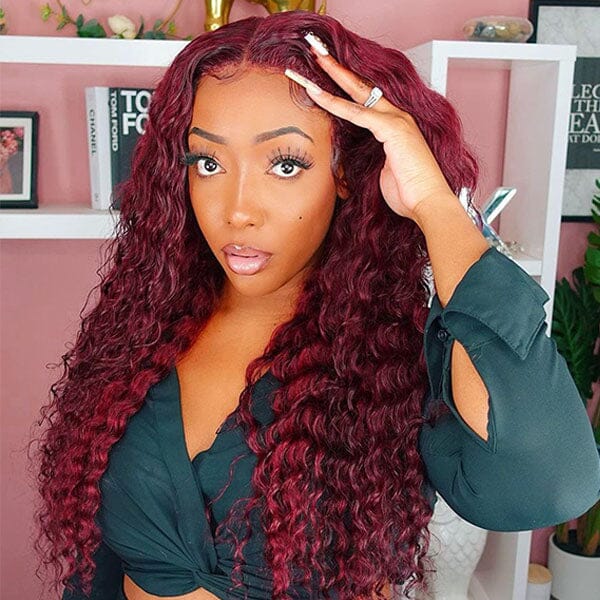 Dark Burgundy Pure Color Curly Wave Lace Frontal Lace Wig - Doaburu Hair