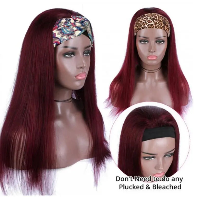 Affordable Vibrant Burgundy Red Glueless Headband Straight Wig 150%Density - Doaburu Hair
