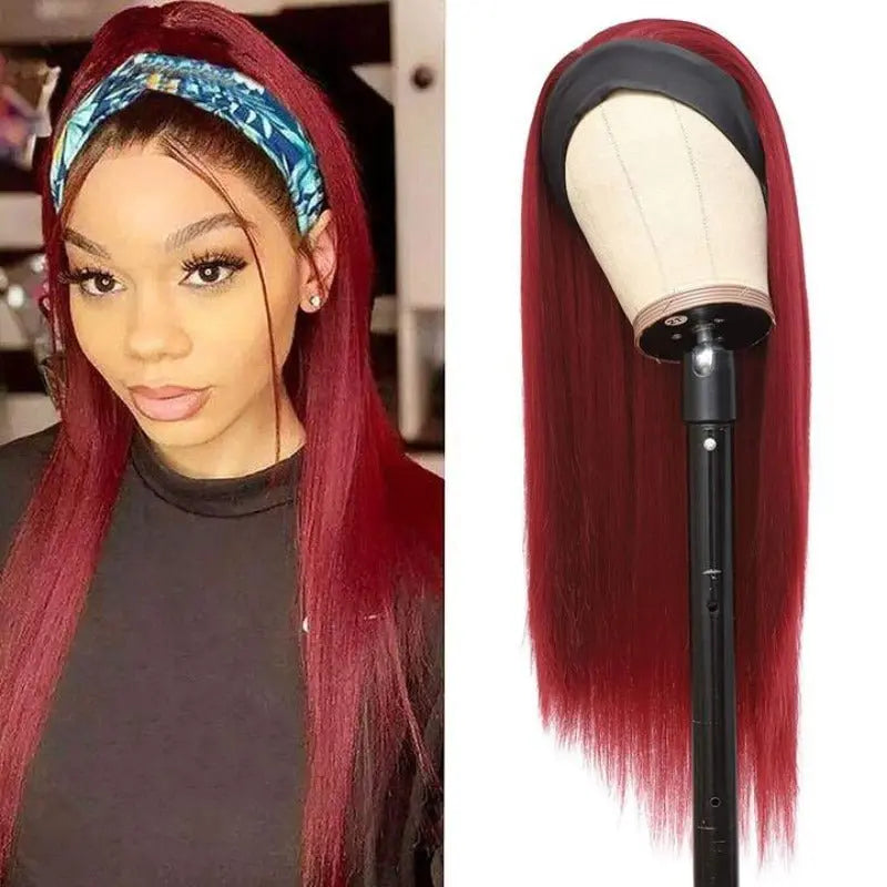 Affordable Vibrant Burgundy Red Glueless Headband Straight Wig 150%Density - Doaburu Hair