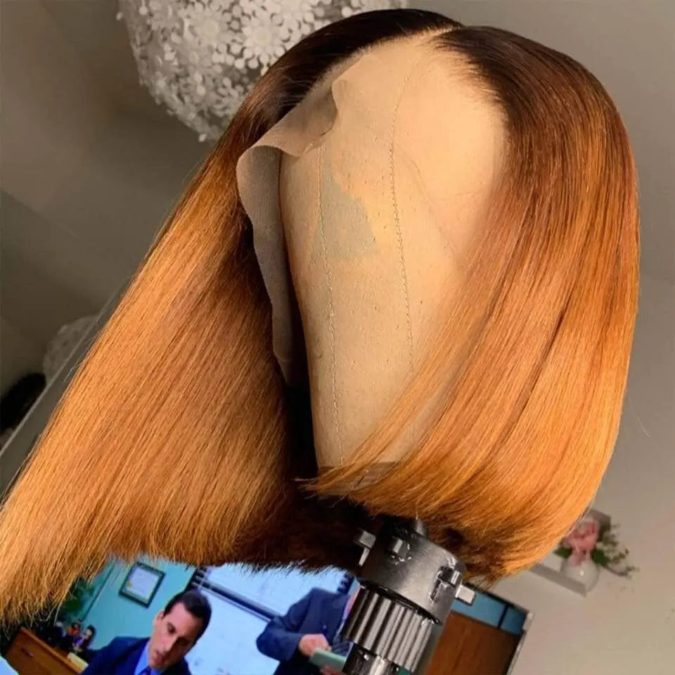Black Roots Ombre Honey Brown Graceful Silky Straight Bob Lace Frontal Wig - Doaburu Hair