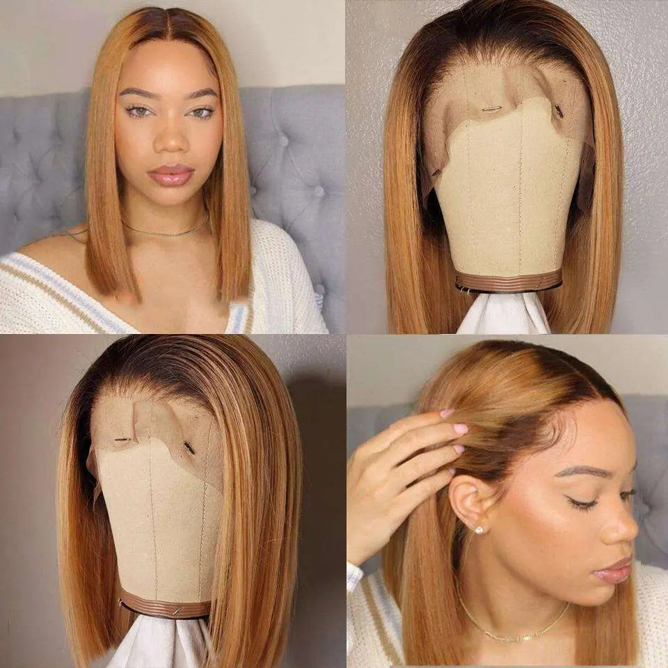 Black Roots Ombre Honey Brown Graceful Silky Straight Bob Lace Frontal Wig - Doaburu Hair