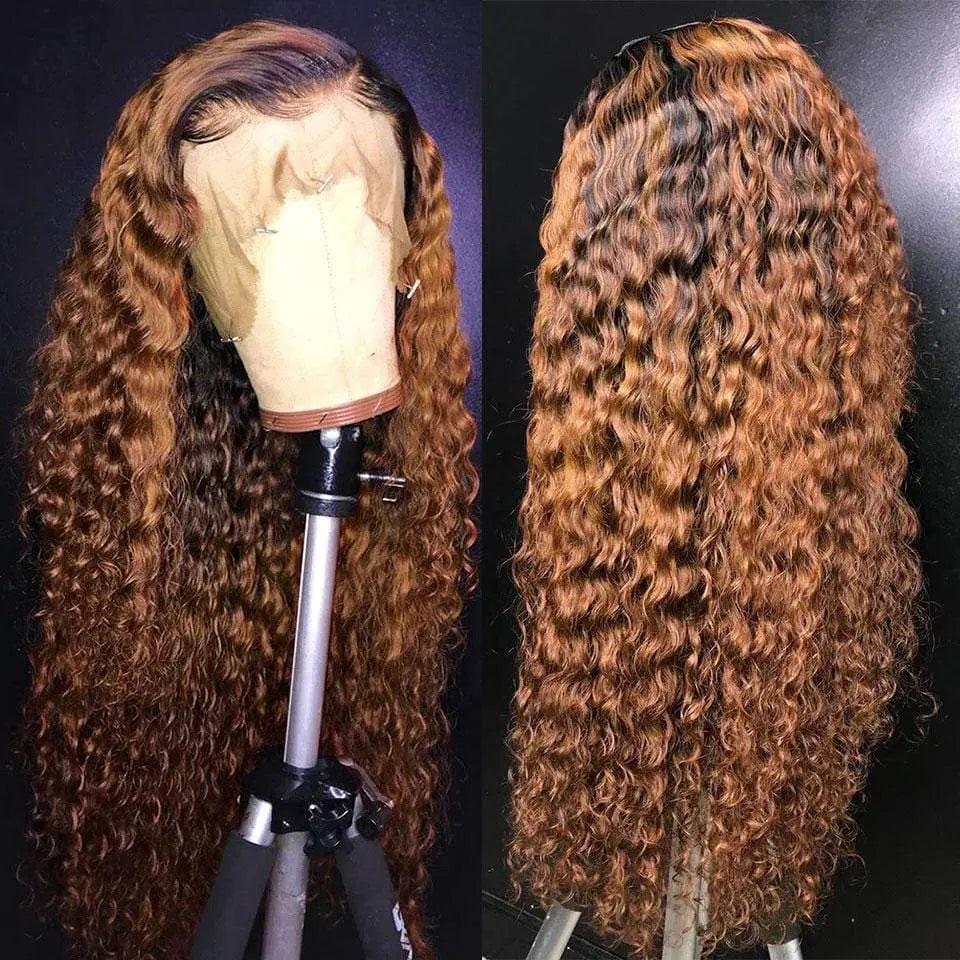 Black Roots Ombre Honey Brown Romantic Wave Lace Frontal Lace Wig - Doaburu Hair