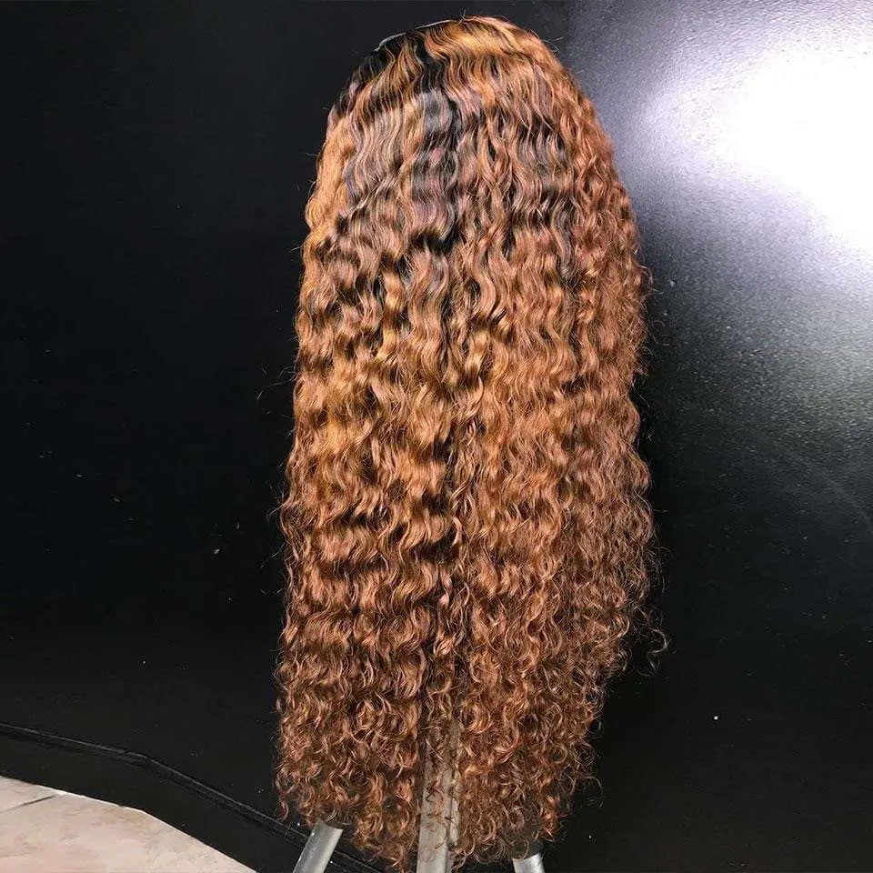 Black Roots Ombre Honey Brown Romantic Wave Lace Frontal Lace Wig - Doaburu Hair