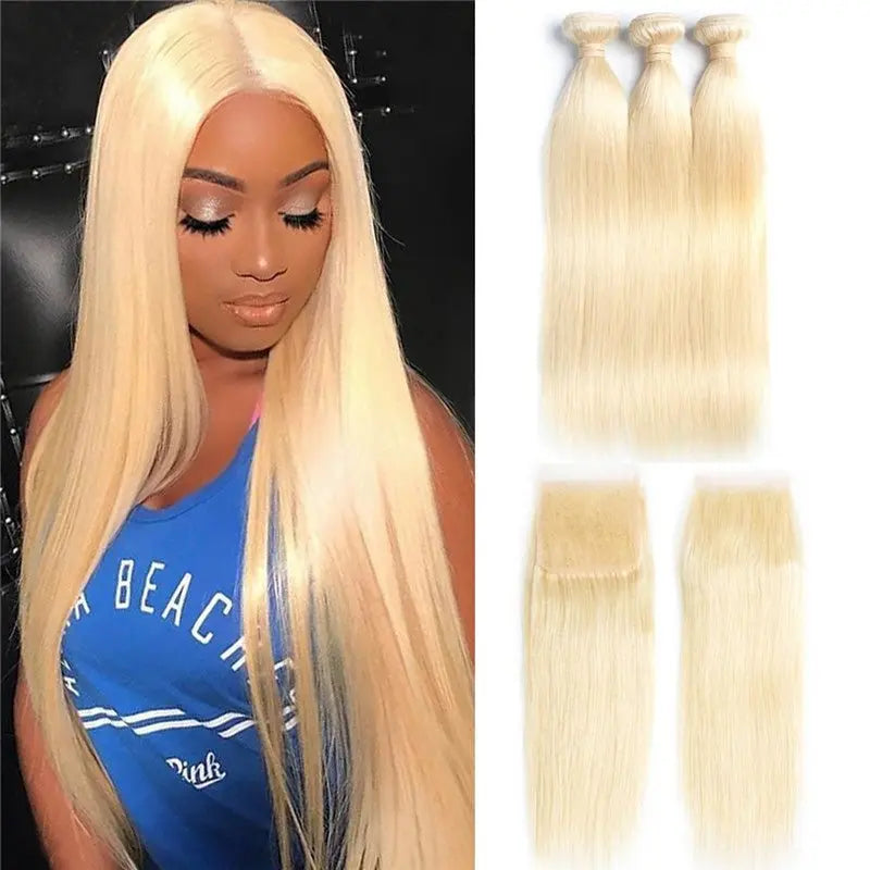 Blonde 613 Color 3 Bundles Brazilian Straight Virgin Hair With 4*4 Lace Closure - Doaburu Hair