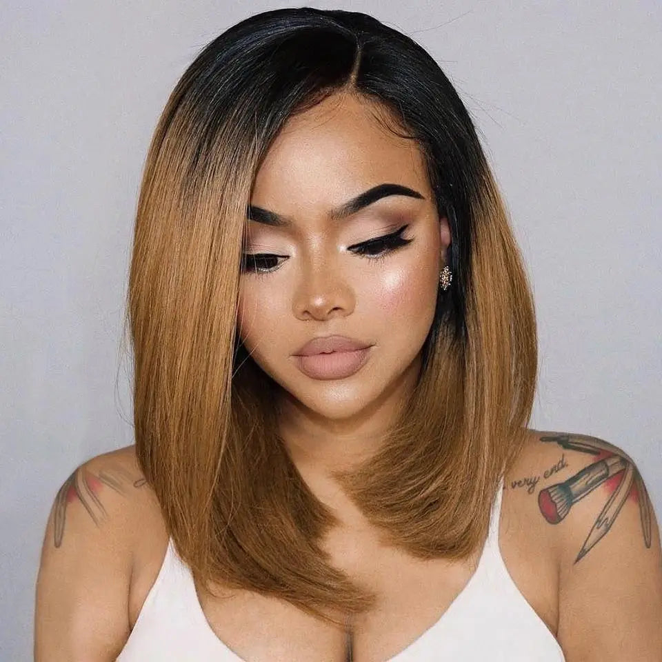 Customized Middle Part Honey Brown Ombre Straight Bob Lace Frontal Wig - Doaburu Hair