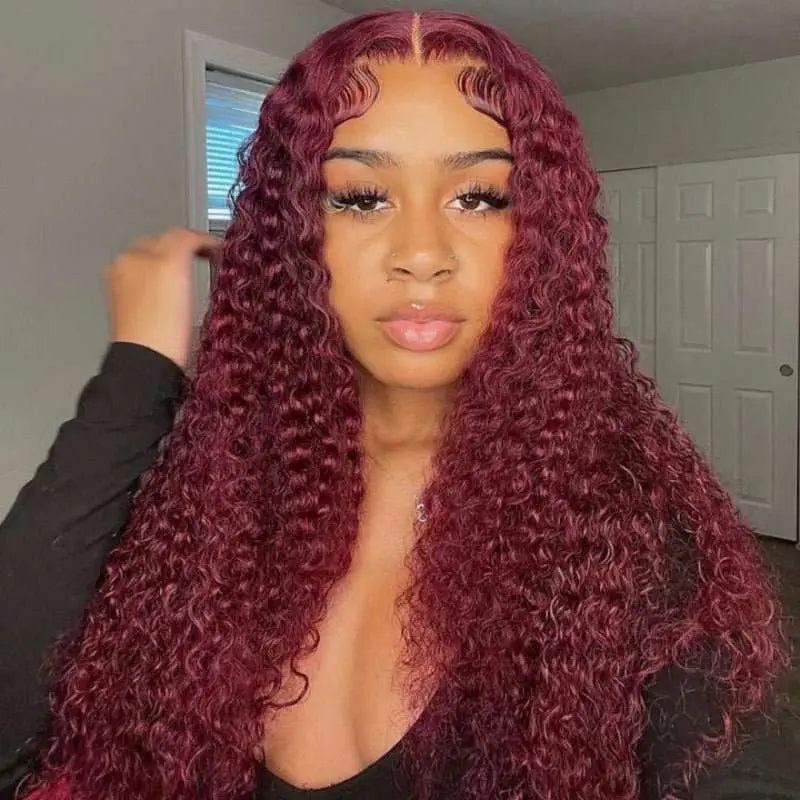 Dark Burgundy Pure Color Curly Wave Lace Frontal Lace Wig - Doaburu Hair