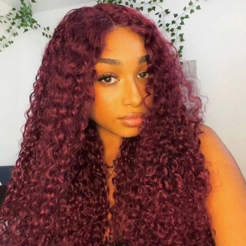 Dark Burgundy Pure Color Curly Wave Lace Frontal Lace Wig - Doaburu Hair