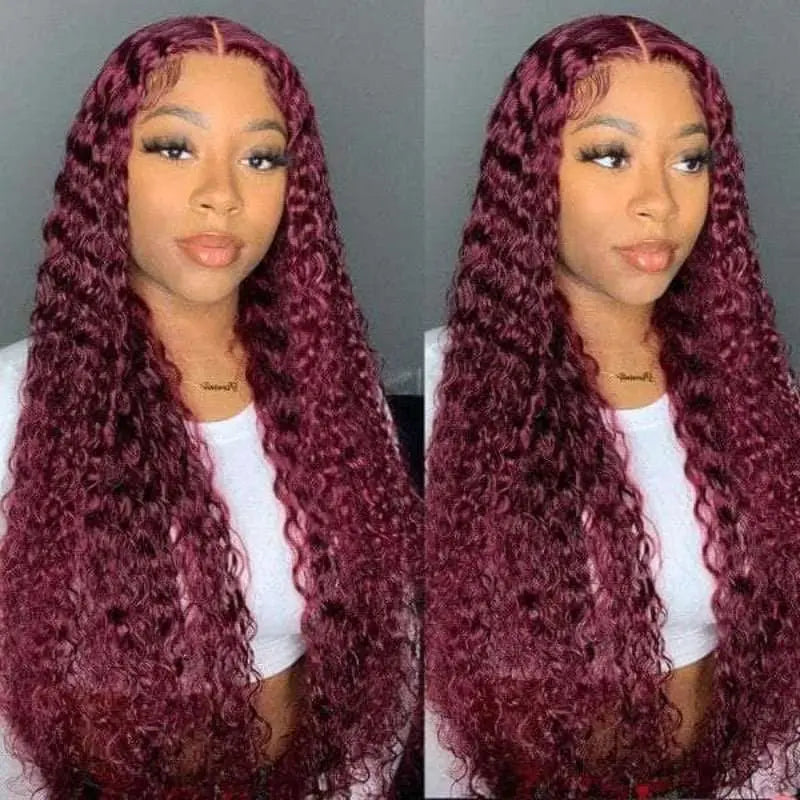 Dark Burgundy Pure Color Curly Wave Lace Frontal Lace Wig - Doaburu Hair
