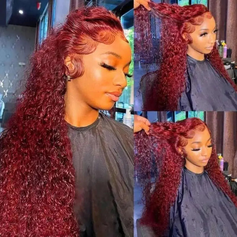 Dark Burgundy Pure Color Curly Wave Lace Frontal Lace Wig - Doaburu Hair