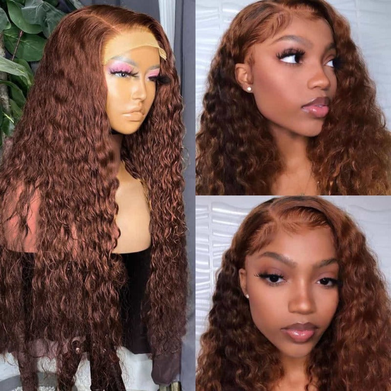 Warm Brown Deep Wave Chocolate Color Human Hair Lace Frontal Wigs - Doaburu Hair