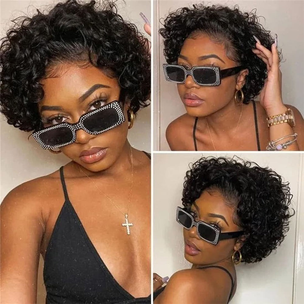 Short Pixie Cut Curly Wig Natural Black Human Hair Bob Wig - Doaburu Hair