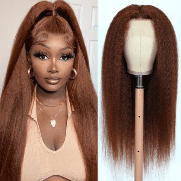 Reddish Brown Color Yaki/Kinky Straight 4x4 13x4 Lace Frontal Wigs - Doaburu Hair