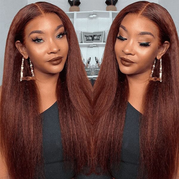 Reddish Brown Color Yaki/Kinky Straight 4x4 13x4 Lace Frontal Wigs - Doaburu Hair