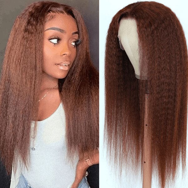 Reddish Brown Color Yaki/Kinky Straight 4x4 13x4 Lace Frontal Wigs - Doaburu Hair