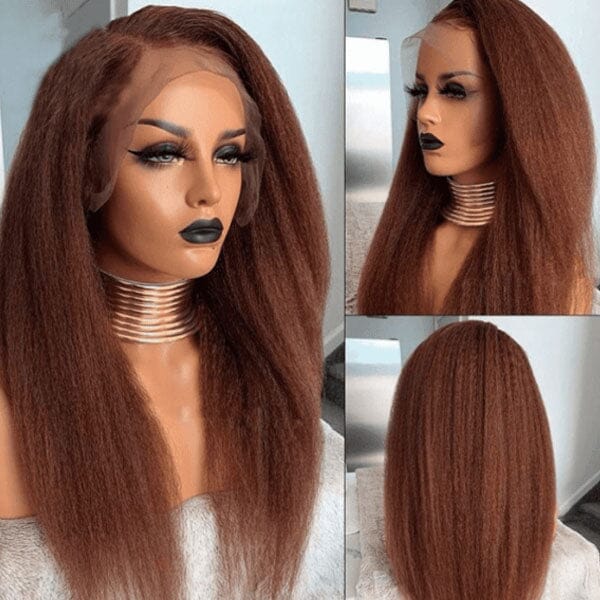 Reddish Brown Color Yaki/Kinky Straight 4x4 13x4 Lace Frontal Wigs - Doaburu Hair