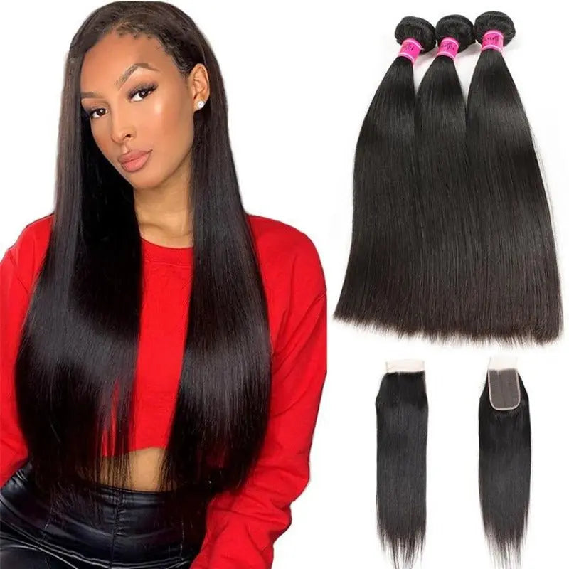 Natural Black 3 Bundles 32-40 Inch Brazilian Virgin Hair With 4*4 Lace Closure - Doaburu Hair