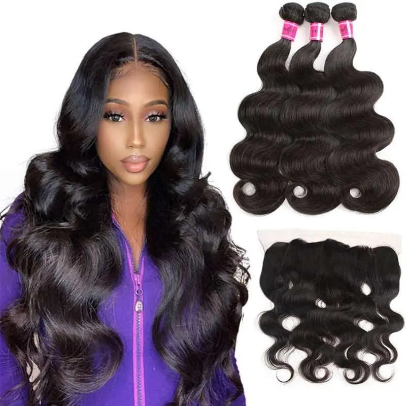 Natural Black 3 Bundles Body Wave Brazilian Virgin Hair With 13*4 Lace Frontal - Doaburu Hair