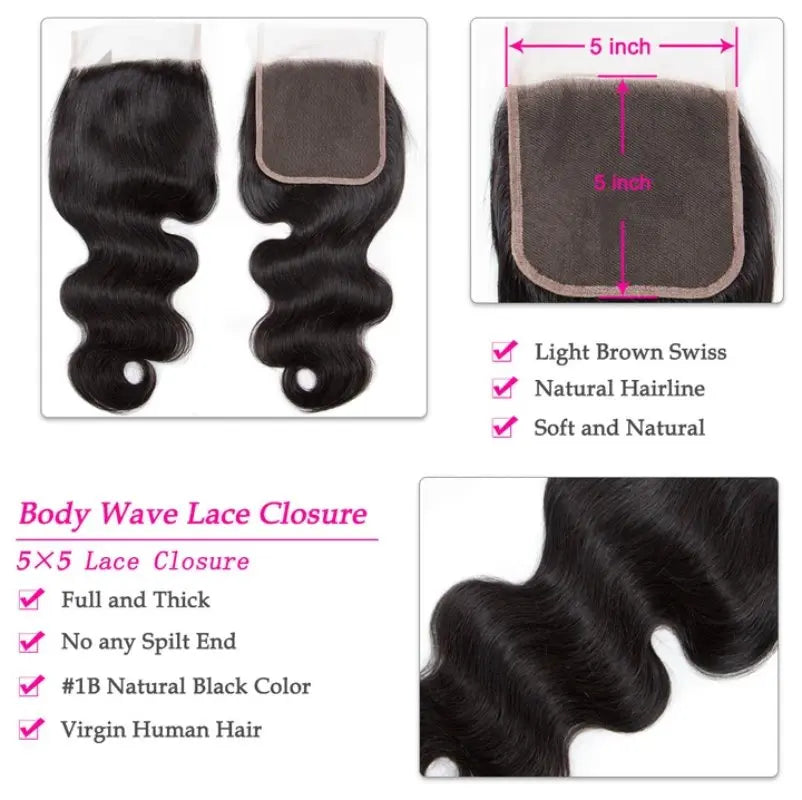 Natural Black 3 Bundles Body Wave Brazilian Virgin Hair With 5*5 Lace Closure - Doaburu Hair