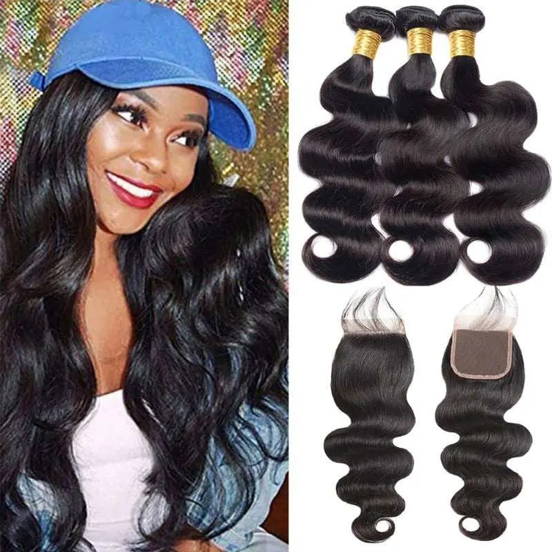 Natural Black 3 Bundles Body Wave Wave Brazilian Virgin Hair With 4*4 Lace Closure - Doaburu Hair
