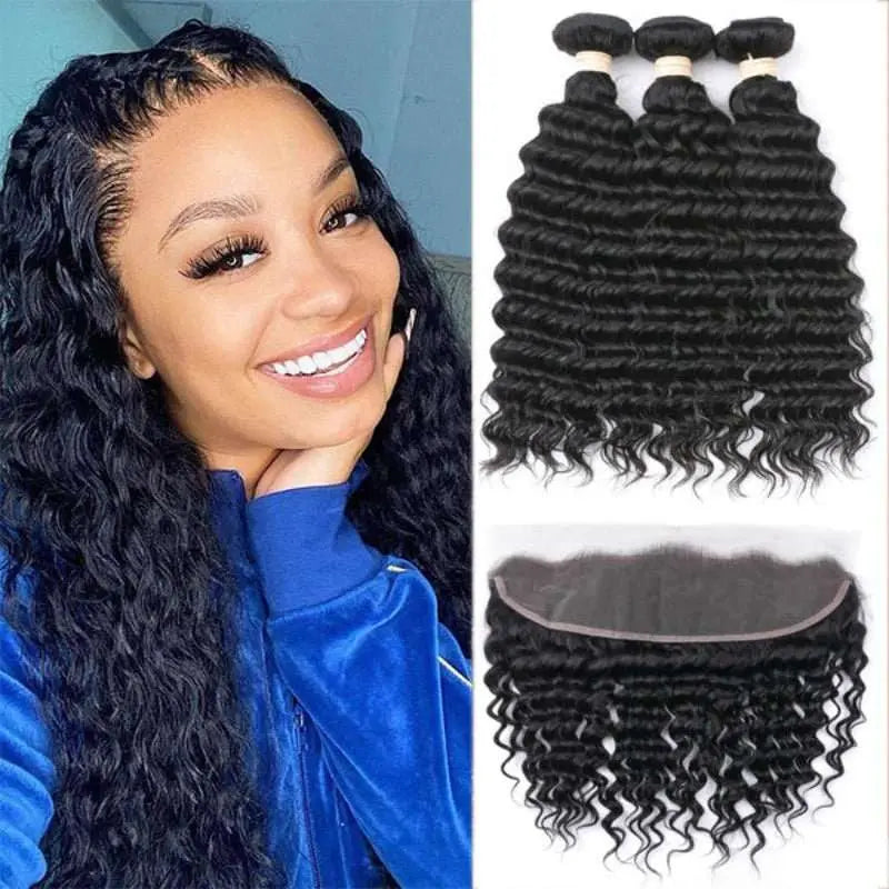 Natural Black 3 Bundles Deep Wave Brazilian Virgin Hair With 13*4 Lace Frontal - Doaburu Hair