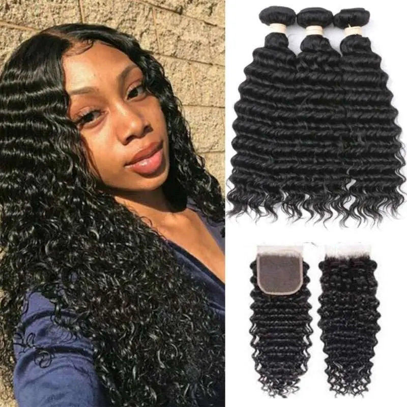 Natural Black 3 Bundles Deep Wave Brazilian Virgin Hair With 4*4 Lace Closure - Doaburu Hair