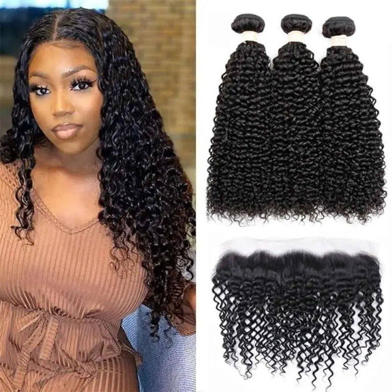 Natural Black 3 Bundles Kinky Curly Brazilian Virgin Hair With 13*4 Lace Frontal - Doaburu Hair