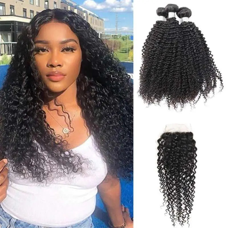 Natural Black 3 Bundles Kinky Curly Brazilian Virgin Hair With 4*4 Lace Closure - Doaburu Hair