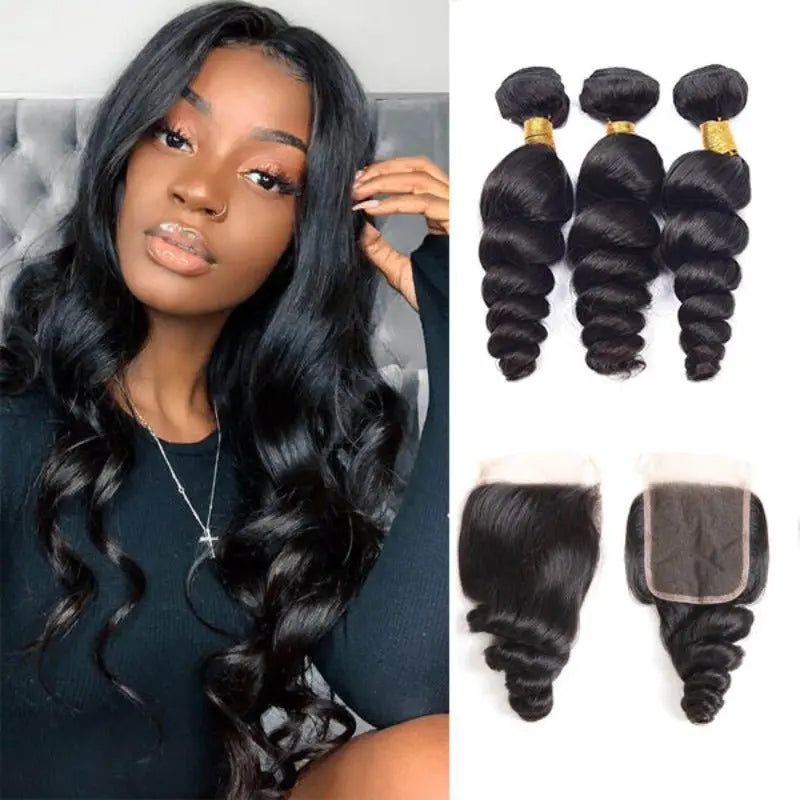 Natural Black 3 Bundles Loose Wave Brazilian Virgin Hair With 4*4 Lace Closure - Doaburu Hair