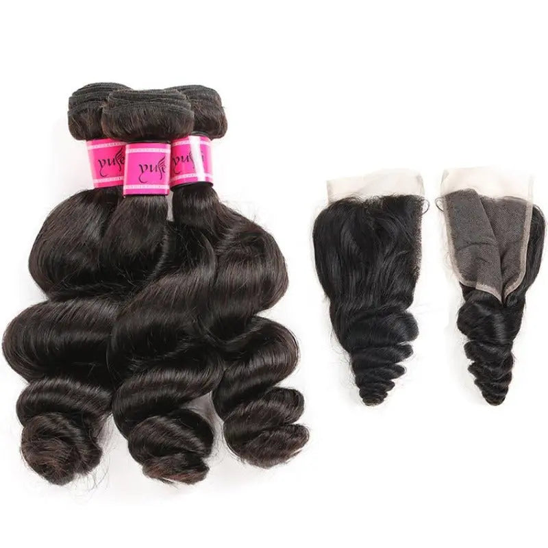 Natural Black 3 Bundles Loose Wave Brazilian Virgin Hair With 4*4 Lace Closure - Doaburu Hair