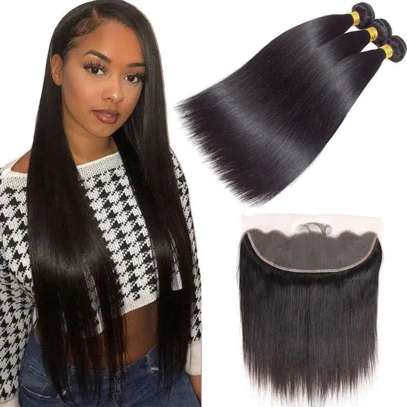 Natural Black 3 Bundles Straight Brazilian Virgin Hair With 13*4 Lace Frontal - Doaburu Hair