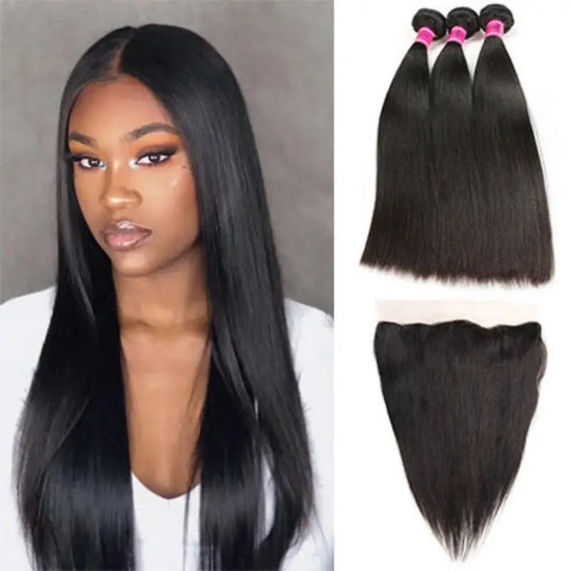 Natural Black 3 Bundles Straight Brazilian Virgin Hair With 13*4 Lace Frontal - Doaburu Hair