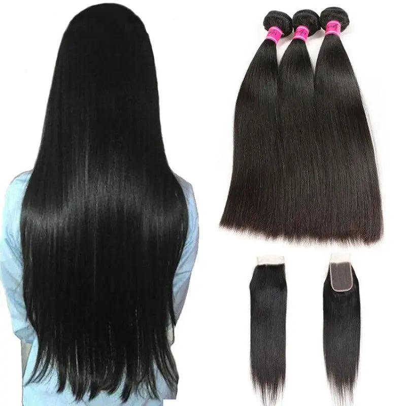 Natural Black 3 Bundles Straight Virgin Hair With 4*4 Lace Closure - Doaburu Hair