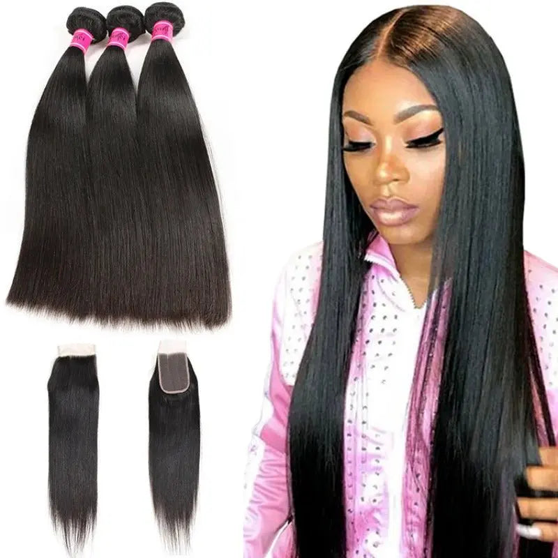 Natural Black 3 Bundles Straight Virgin Hair With 4*4 Lace Closure - Doaburu Hair