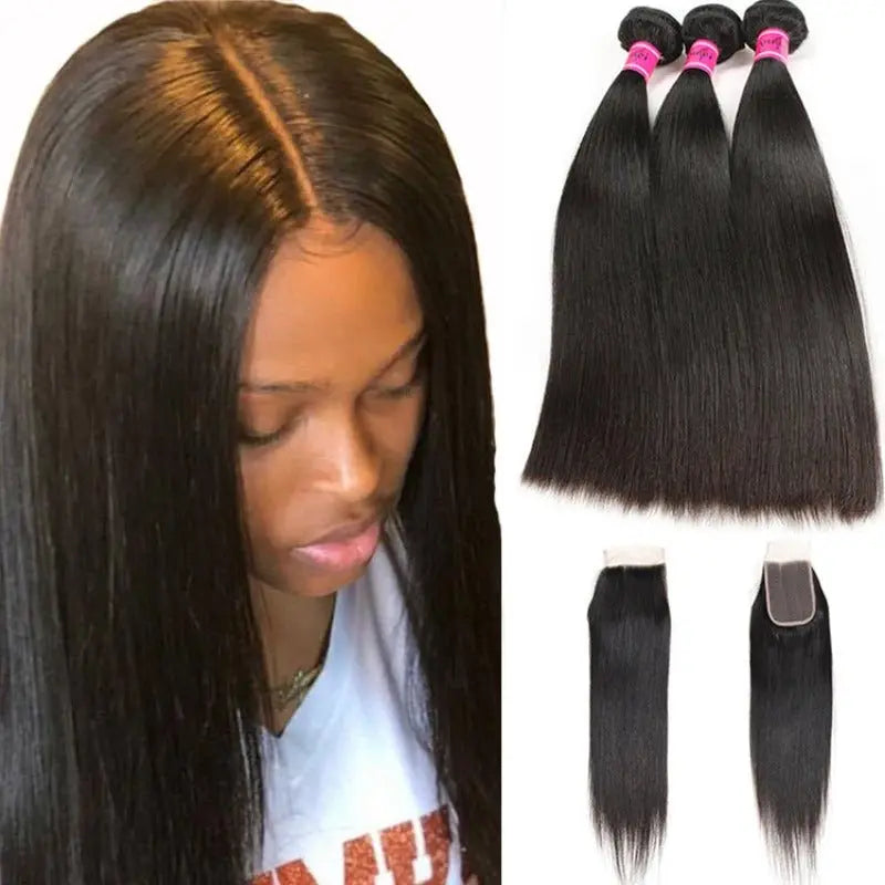 Natural Black 3 Bundles Straight Brazilian Virgin Hair With 5*5 Lace Closure - Doaburu Hair