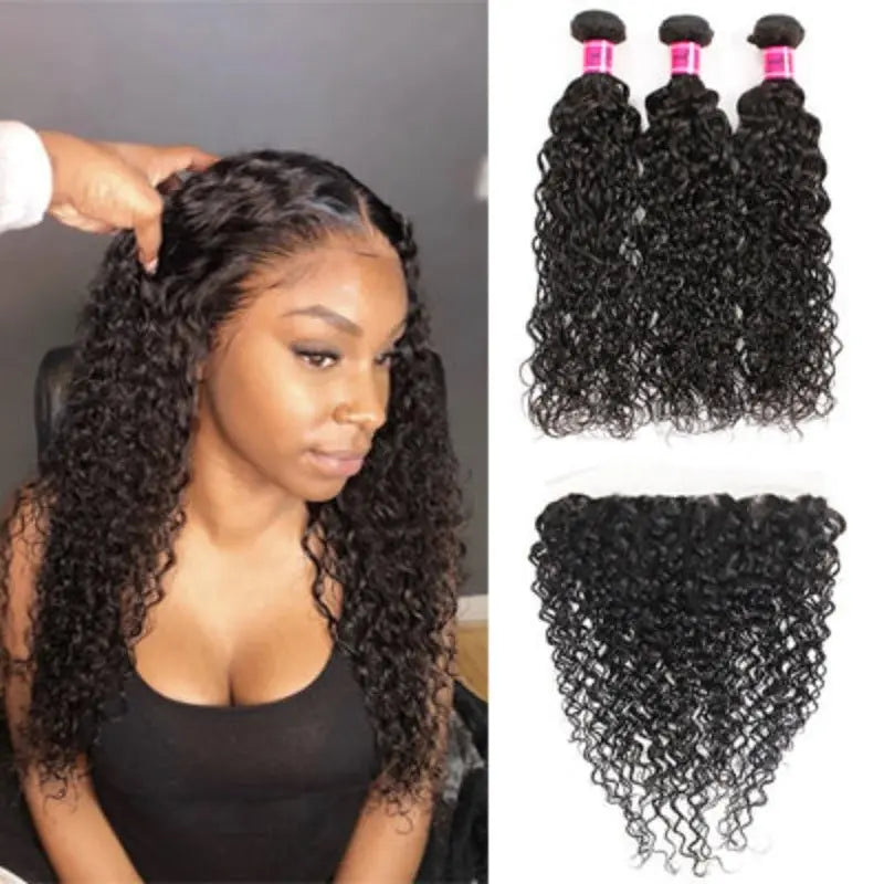 Natural Black 3 Bundles Water Wave Brazilian Virgin Hair With 13*4 Lace Frontal - Doaburu Hair