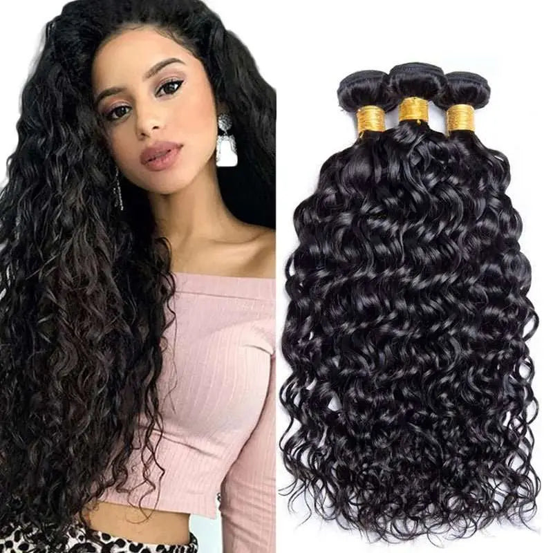 Natural Black 3 Bundles Water Wave Brazilian Virgin Hair With 13*4 Lace Frontal - Doaburu Hair