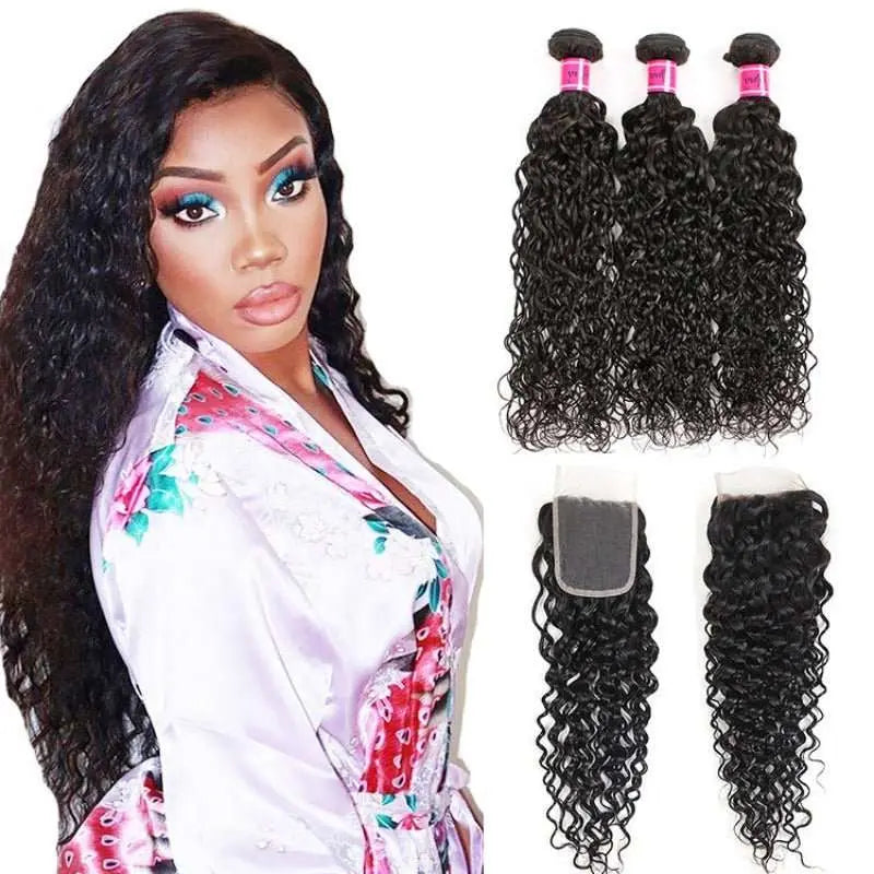 Natural Black 3 Bundles Water Wave Brazilian Virgin Hair With 4*4 Lace Closure - Doaburu Hair