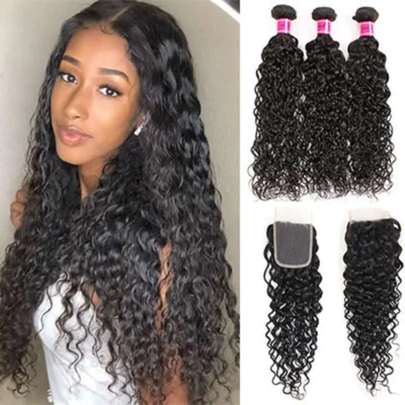 Natural Black 3 Bundles Water Wave Brazilian Virgin Hair With 5*5 Lace Closure - Doaburu Hair