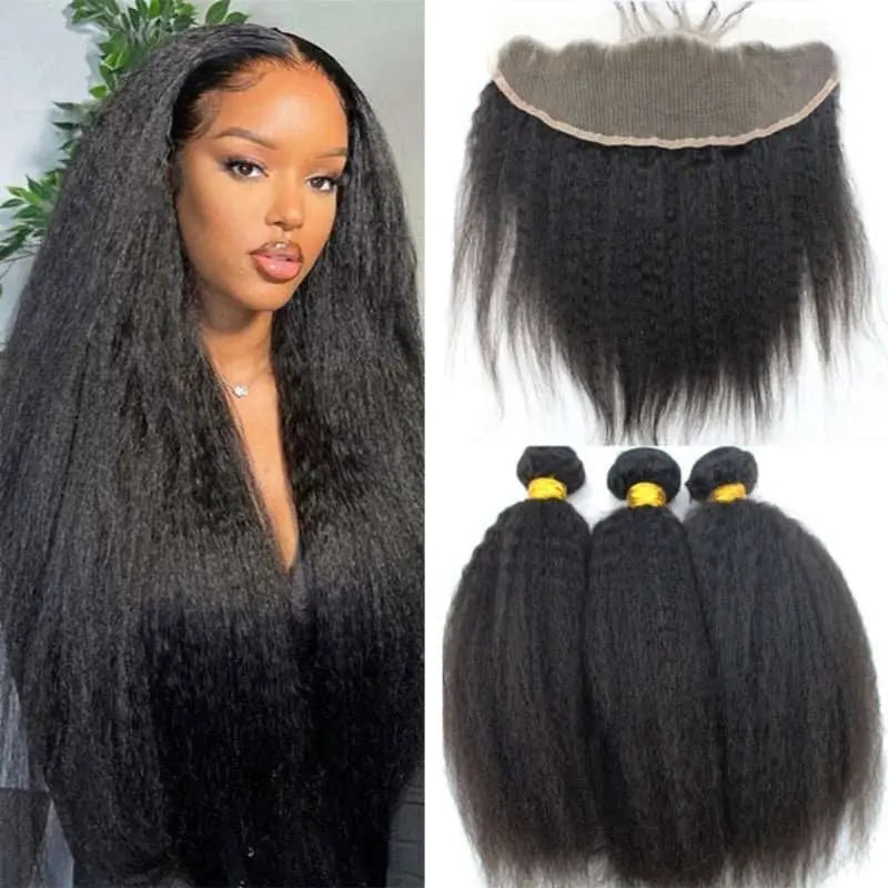 Natural Black 3 Bundles Yaki Straight Brazilian Virgin Hair With 13*4 Lace Frontal - Doaburu Hair