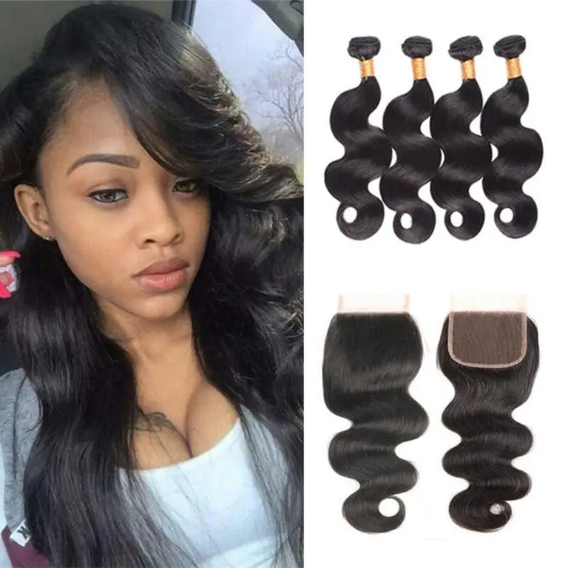 Natural Black 4 Bundles Body Wave Brazilian Virgin Hair With 4*4 Lace Closure - Doaburu Hair