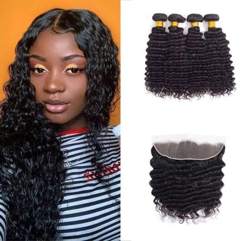 Natural Black 4 Bundles Deep Wave Brazilian Virgin Hair With 13*4 Lace Frontal - Doaburu Hair