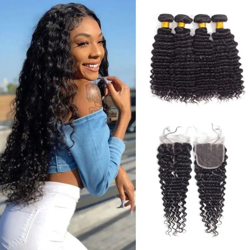 Natural Black 4 Bundles Deep Wave Brazilian Virgin Hair With 4*4 Lace Closure - Doaburu Hair