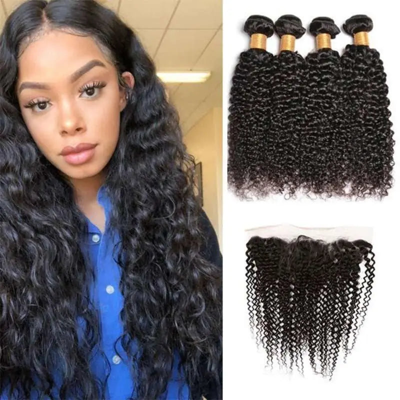Natural Black 4 Bundles Kinky Curly Brazilian Virgin Hair With 13*4 Lace Frontal - Doaburu Hair