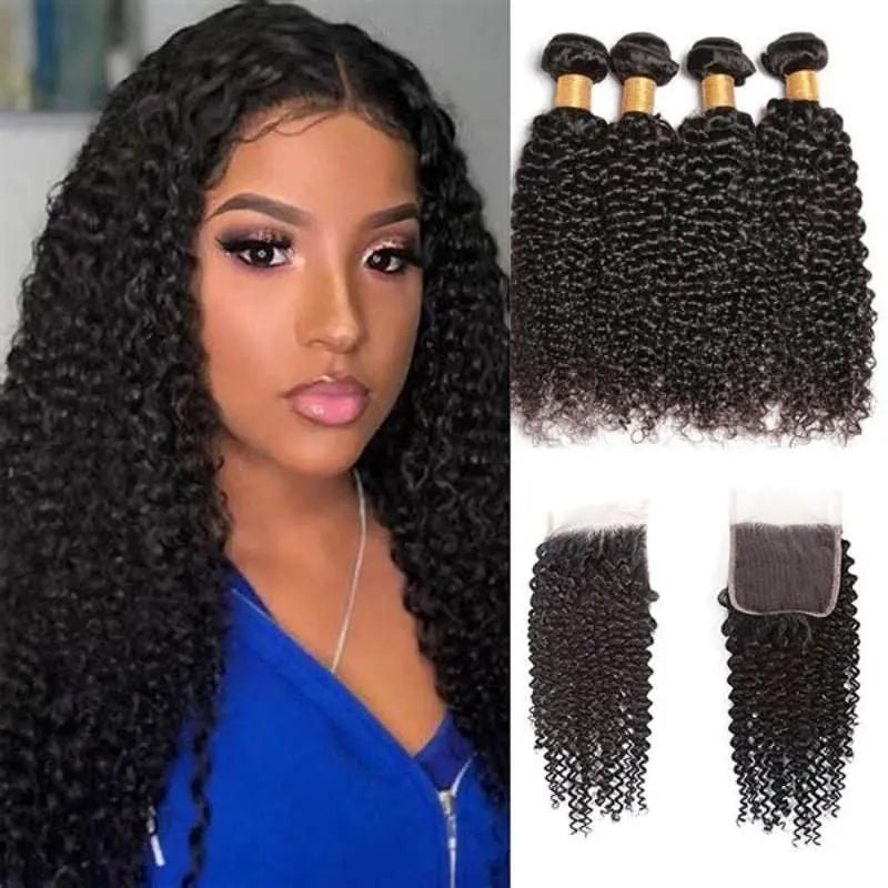 Natural Black 4 Bundles Kinky Curly Brazilian Virgin Hair With 4*4 Lace Closure - Doaburu Hair