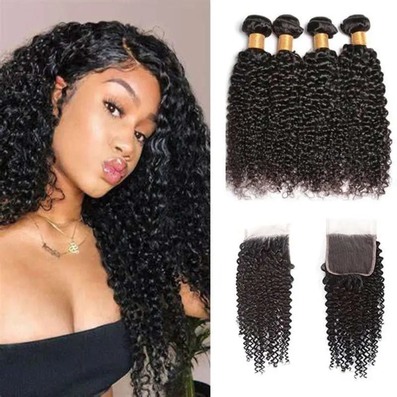 Natural Black 4 Bundles Kinky Curly Brazilian Virgin Hair With 4*4 Lace Closure - Doaburu Hair