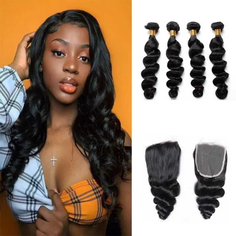 Natural Black 4 Bundles Loose Wave Brazilian Virgin Hair With 4*4 Lace Closure - Doaburu Hair