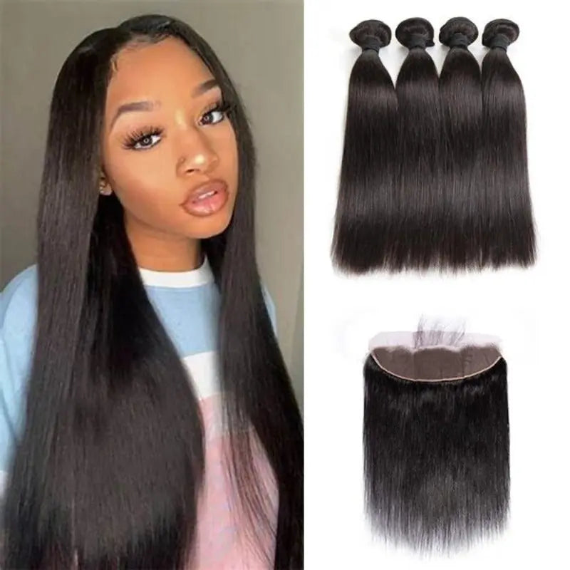 Natural Black 4 Bundles Straight Brazilian Virgin Hair With 13*4 Lace Frontal - Doaburu Hair