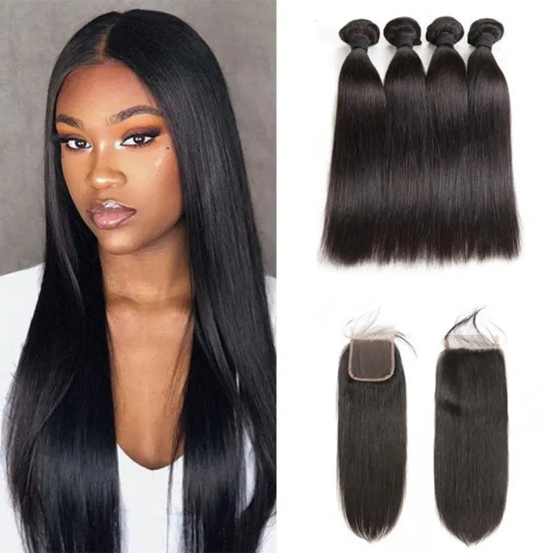 Natural Black 4 Bundles Straight Brazilian Virgin Hair With 4*4 Lace Closure - Doaburu Hair